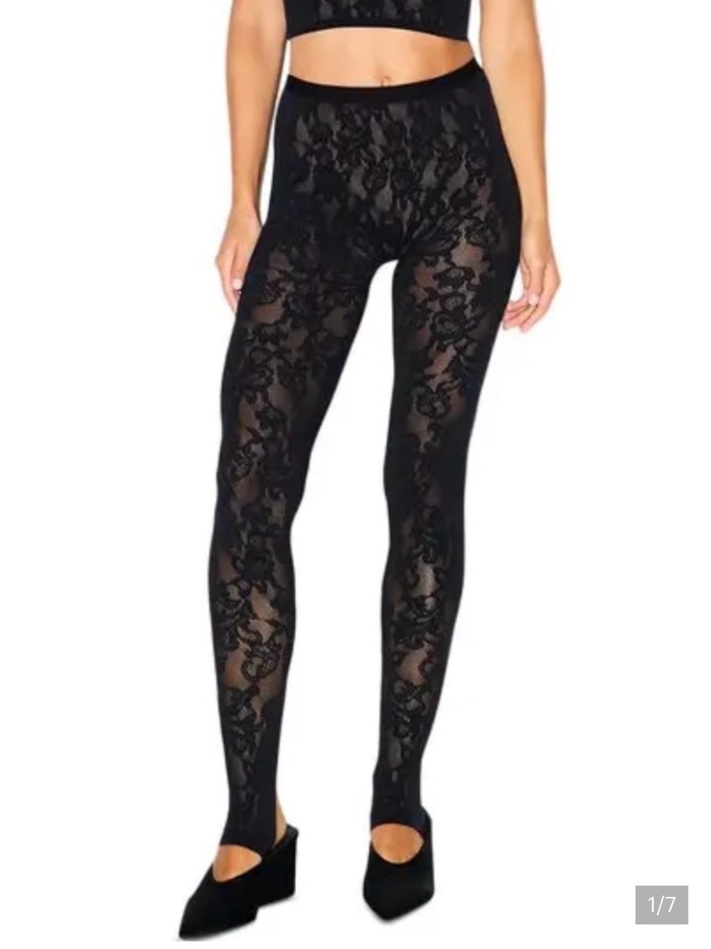 NWT SKIMS Knit Lace Stirrup Leggings Obsidian Black L/XL Floral Pointelle